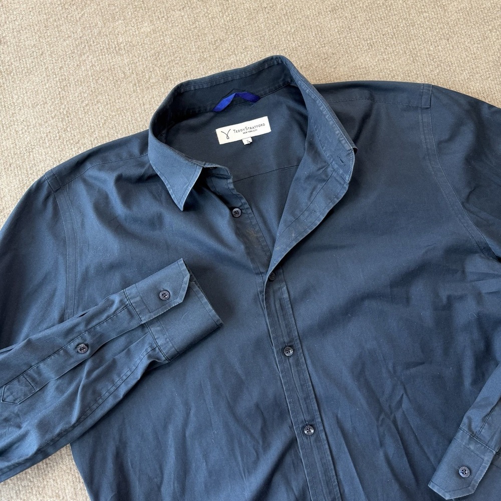 Teddy‎ Stratford Shirt Mens 2 Navy Blue Zipper Button Up Zip Fit Casual